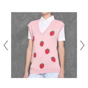 Hot Topic New Pink Strawberry Knit Sweater Vest V-Neck Sleeveless Pullover Large